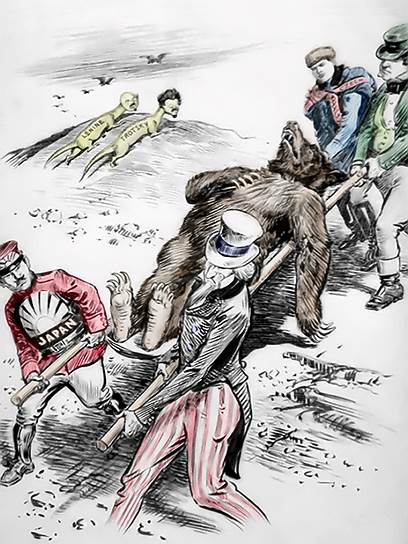 Брестский мир: Карикатура с раненым «русским медведем» на носилках у союзников и «ящерицами» Лениным и Троцким (1918). Фото: Википедия