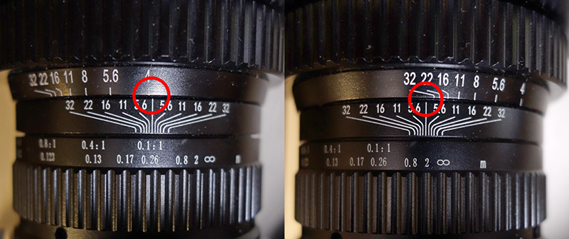 Как видно на приложенных снимках в крайних положениях кольца диафрагменного риски на самом кольце и корпусе объектива не совпадают. Фото: Омелько М.М.