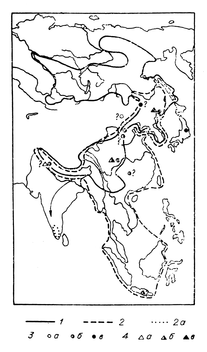 Современные ареалы кабарги и харзы и местонахождения их ископаемых остатков: граница ареала кабаргии (1), харзы (2) и южно-индийской харзы (2а). Точки находок ископаемых находок кабарги (3) и харзы (4) (по: Матюшкин, 1974)