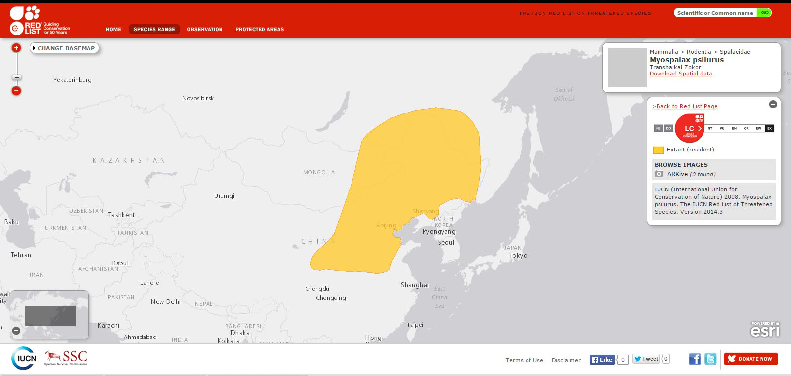 Рис. 2. Ареал маньчжурского цокора